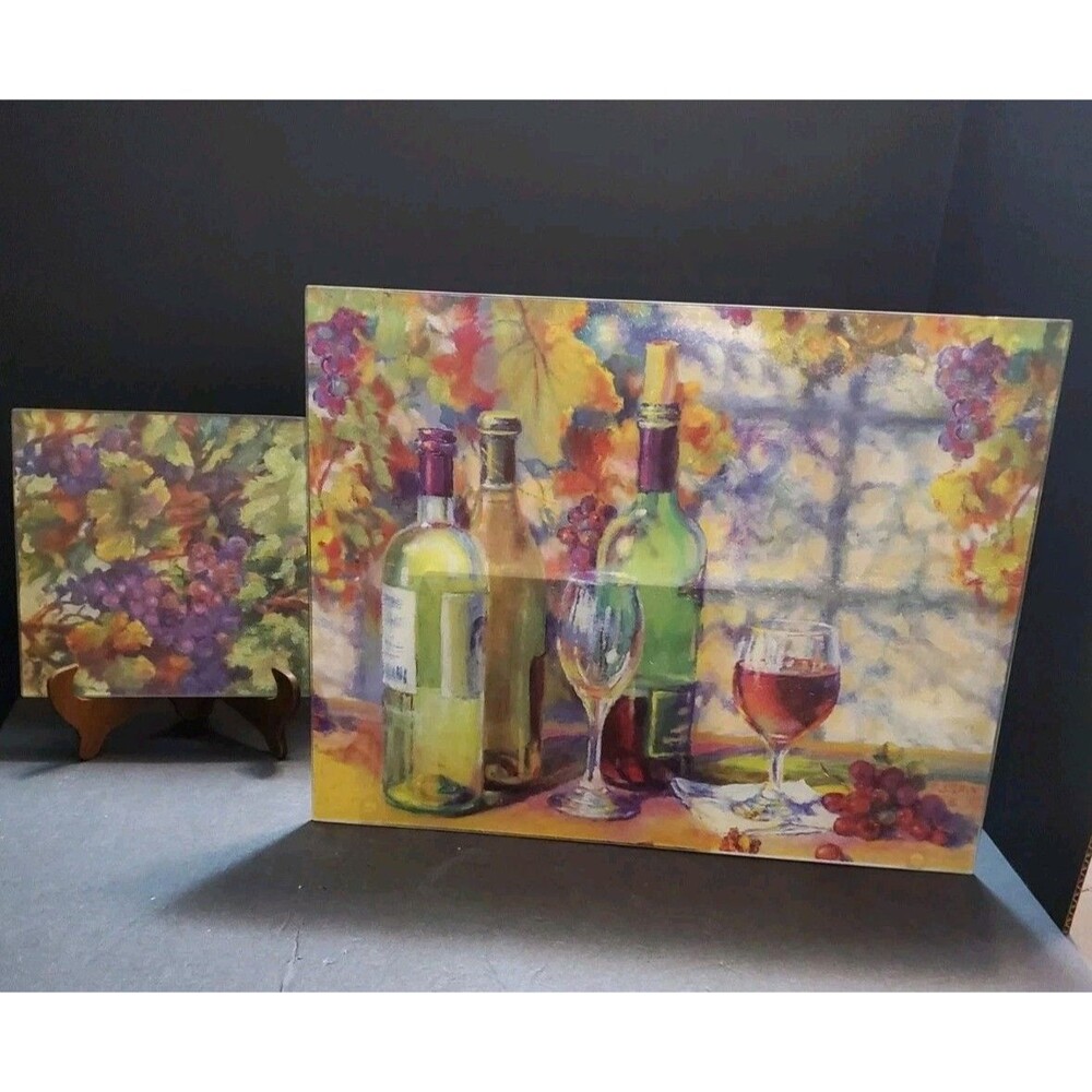 Glass Cutting Boards Wine Bottles Glasses & Grapes Scene Sm & Lg Counter Decor
